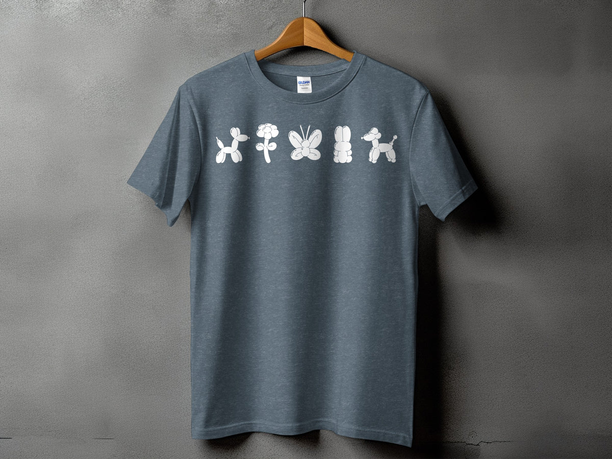 Blue t-shirt with white balloon animals: dog, flower, butterfly, bunny, dog.