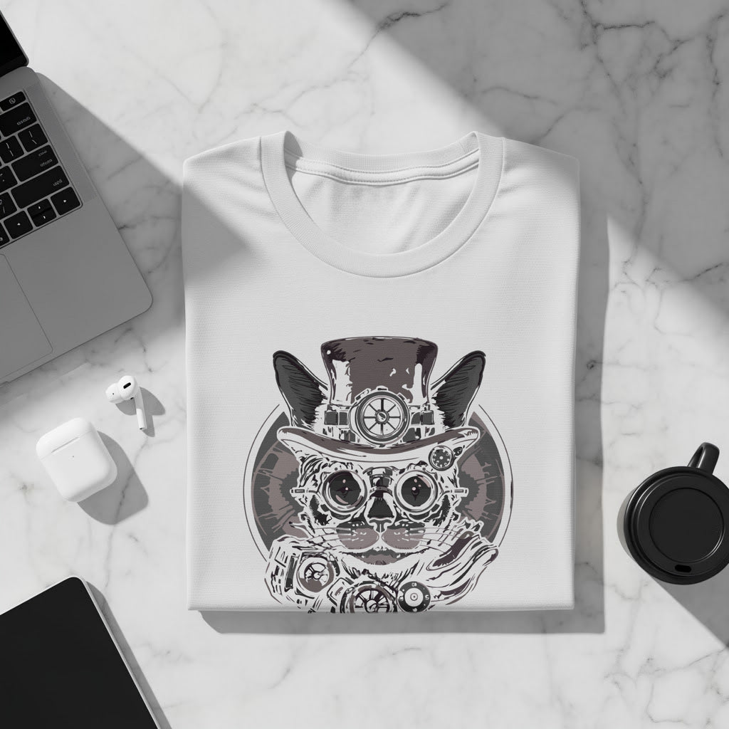 White t-shirt featuring a steampunk cat with goggles and top hat graphic.