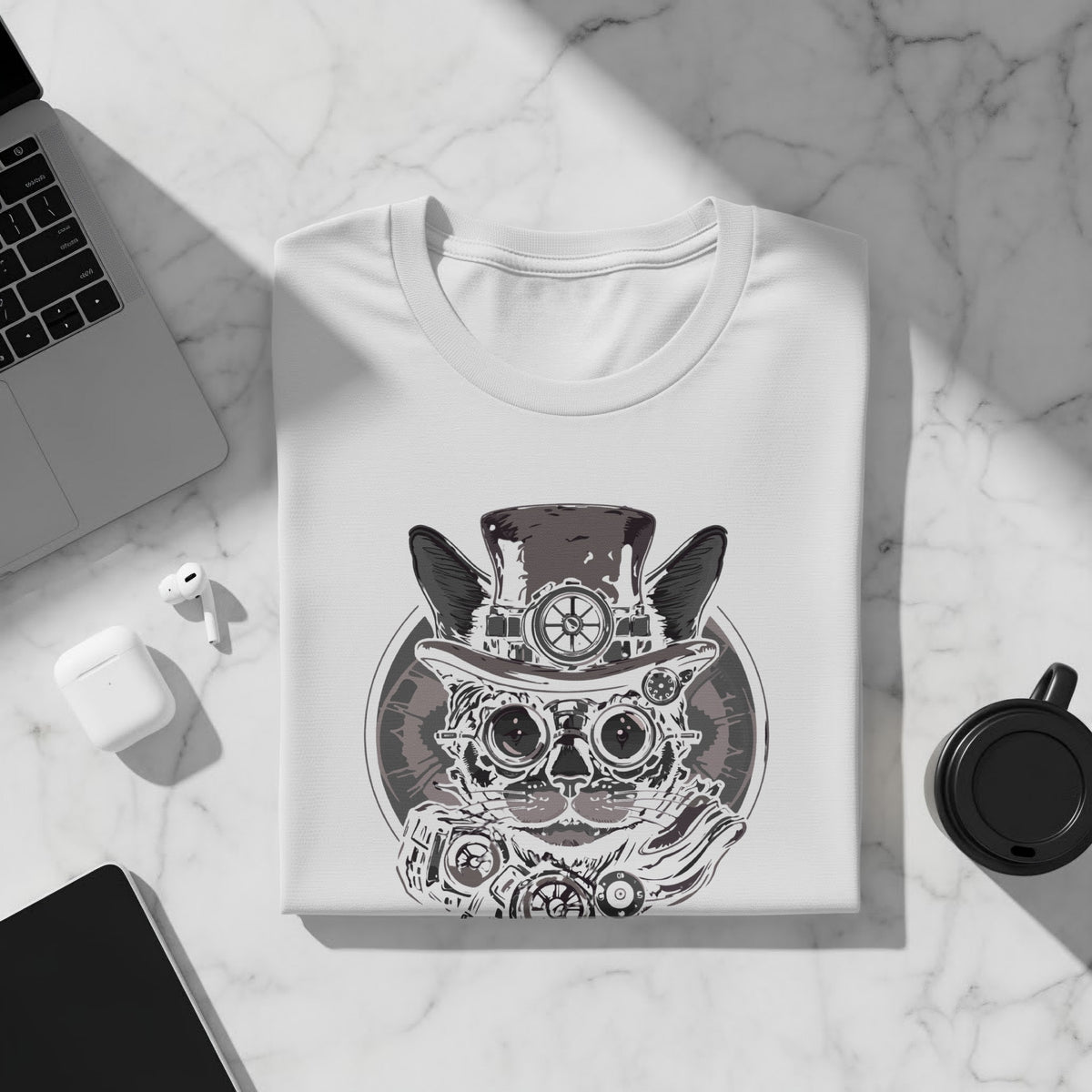 White t-shirt featuring a steampunk cat with goggles and top hat graphic.