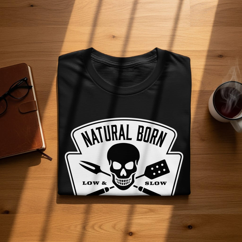 Black t-shirt with skull graphic, barbecue tools, and text "NATURAL BORN LOW & SLOW".