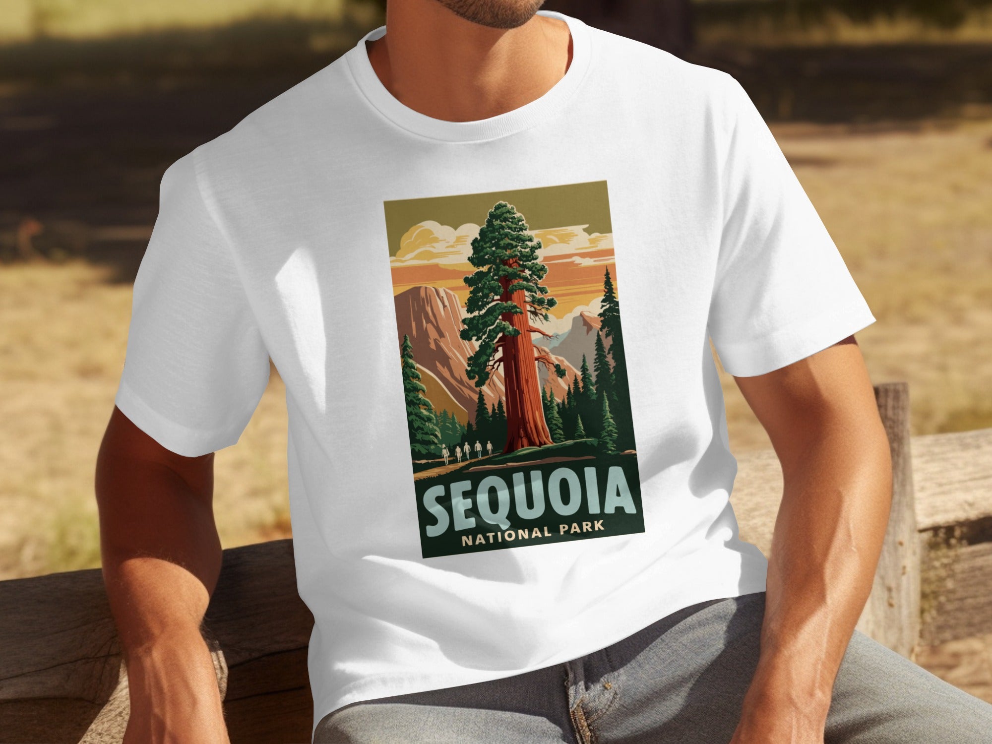 White t-shirt with Sequoia National Park vintage art featuring a giant tree and mountains.