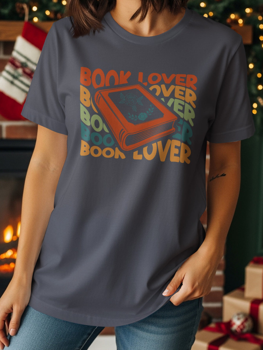 Dark gray t-shirt with "BOOK LOVER" text and an orange book graphic.