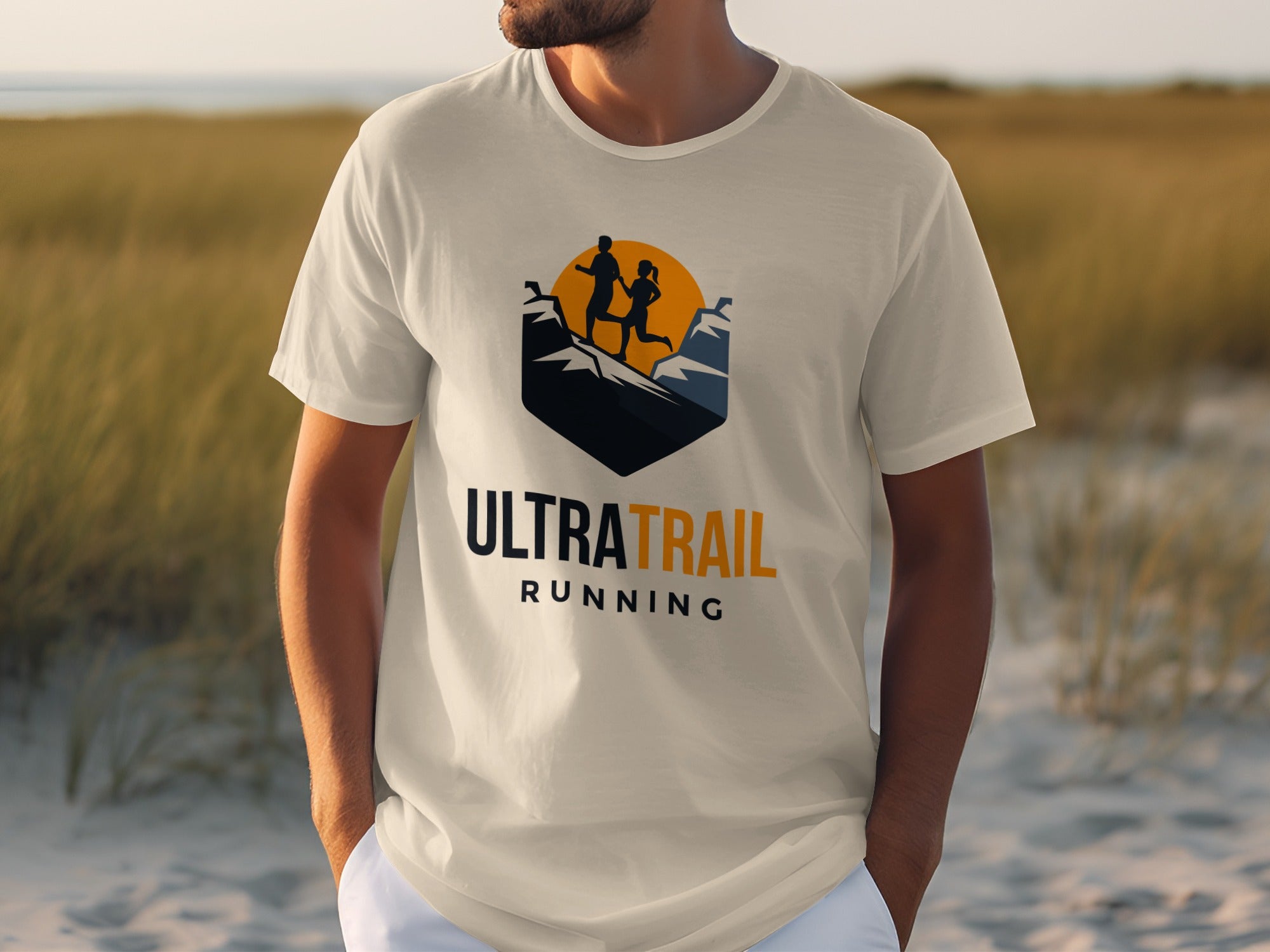 White t-shirt with "ULTRATRAIL RUNNING" text and runners logo.