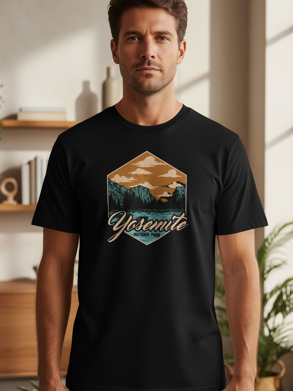 Black t-shirt with vintage Yosemite National Park hexagonal landscape graphic.