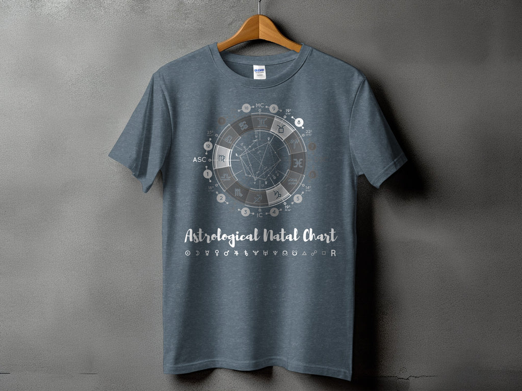 Grey t-shirt with an astrological natal chart graphic and text.