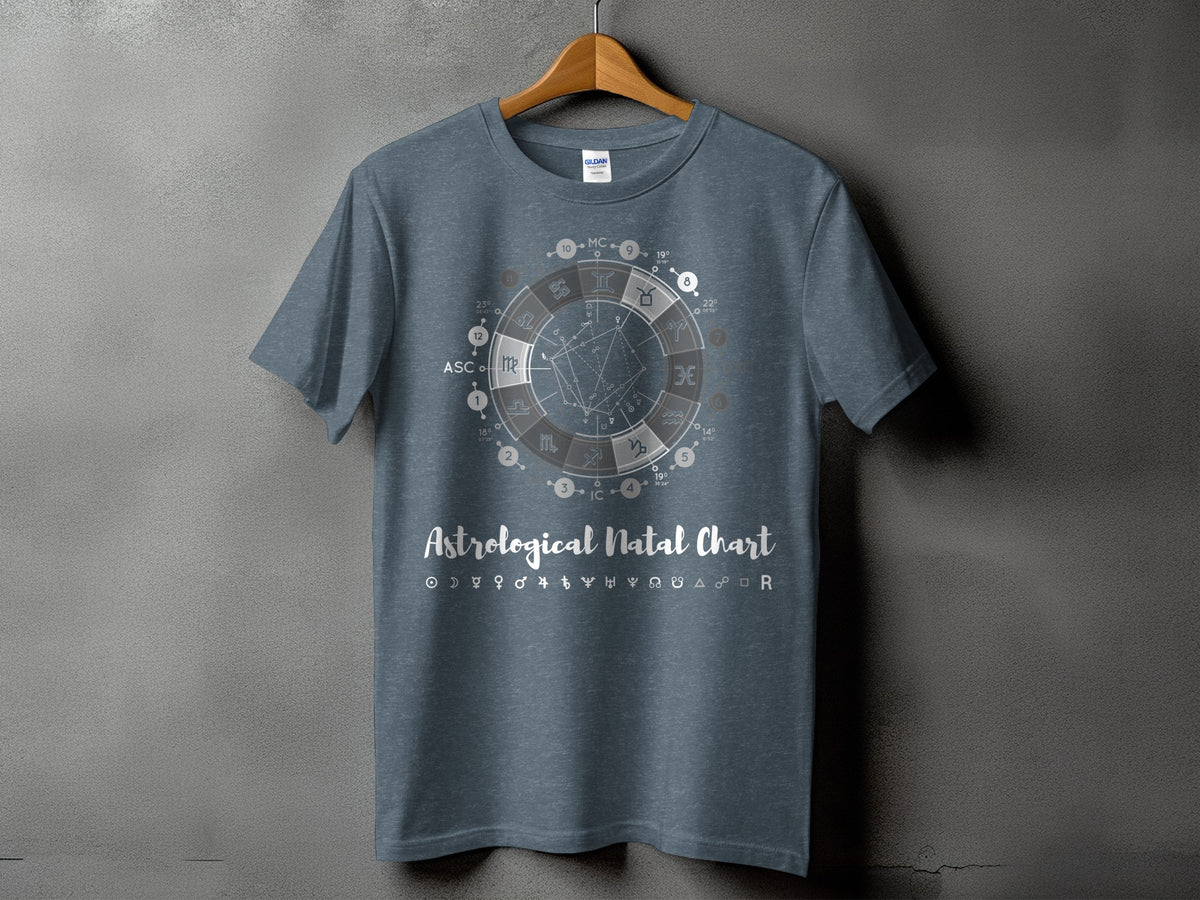 Grey t-shirt with an astrological natal chart graphic and text.