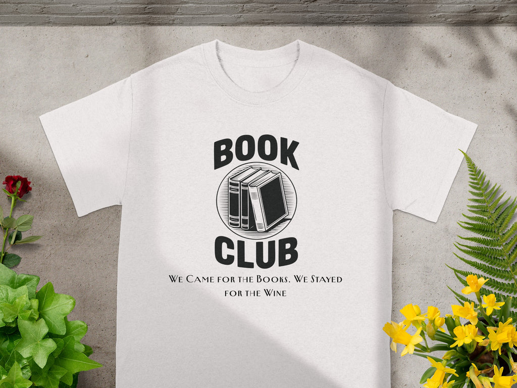White t-shirt with "BOOK CLUB" text, three books, and a wine quote.