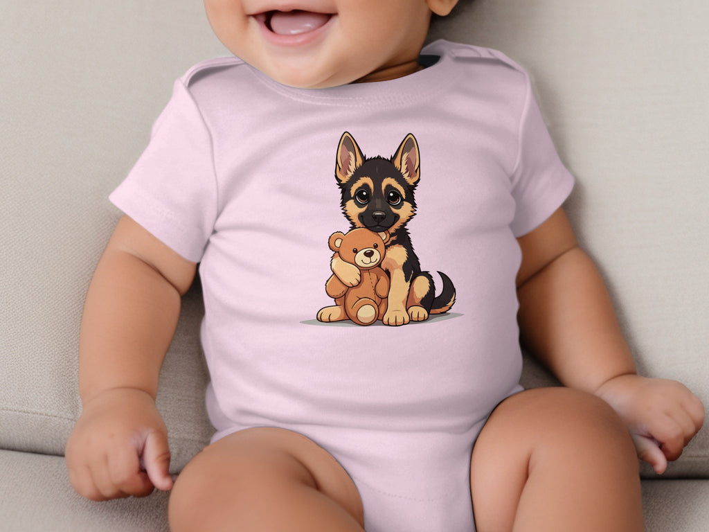 Baby in pink romper with cartoon German Shepherd hugging a teddy bear.