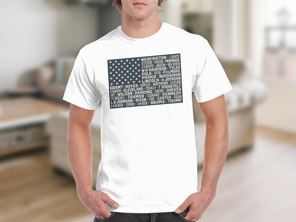 White t-shirt with U.S. Presidents listed like the stars and stripes flag.
