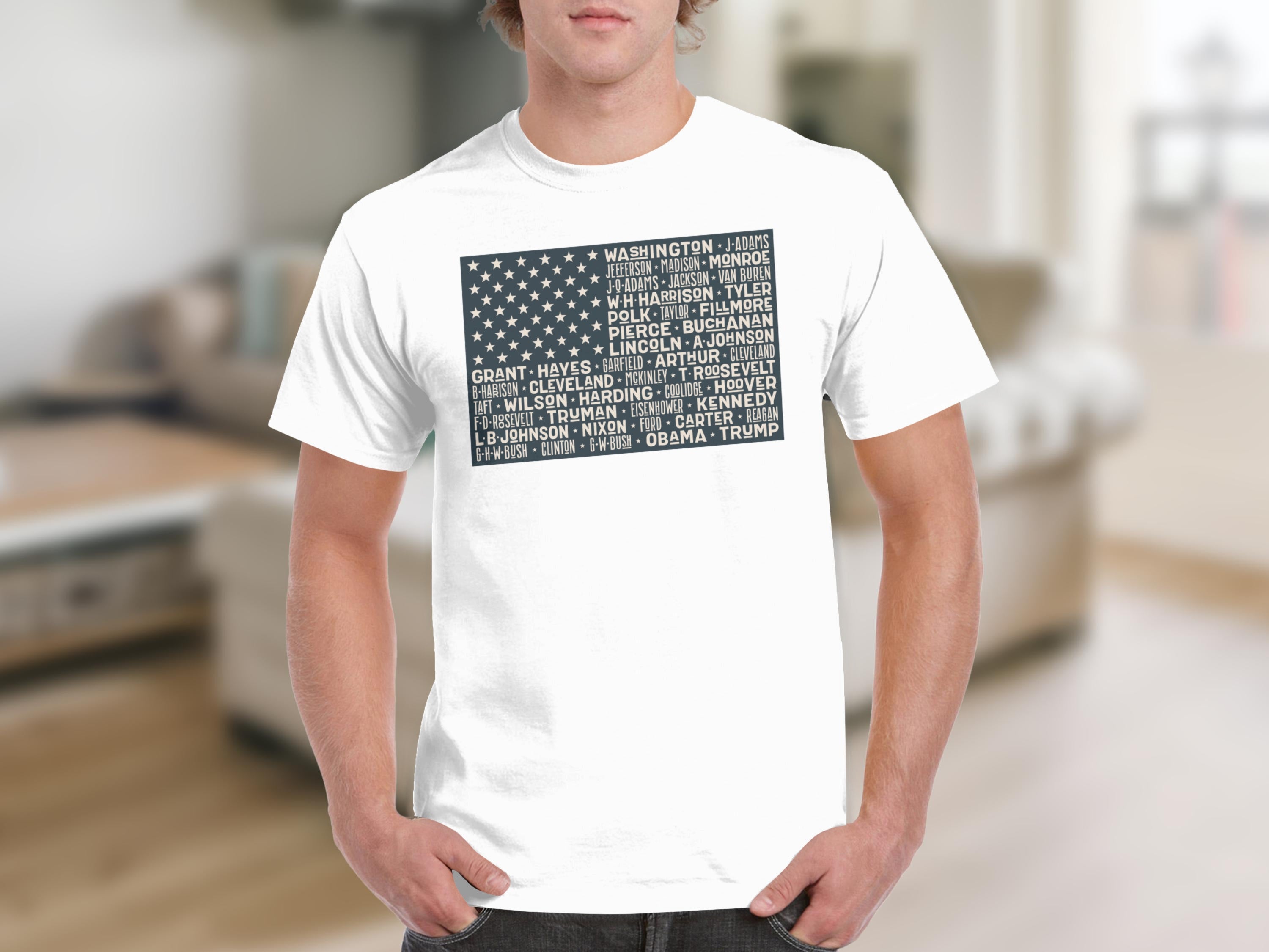 White t-shirt with U.S. Presidents listed like the stars and stripes flag.