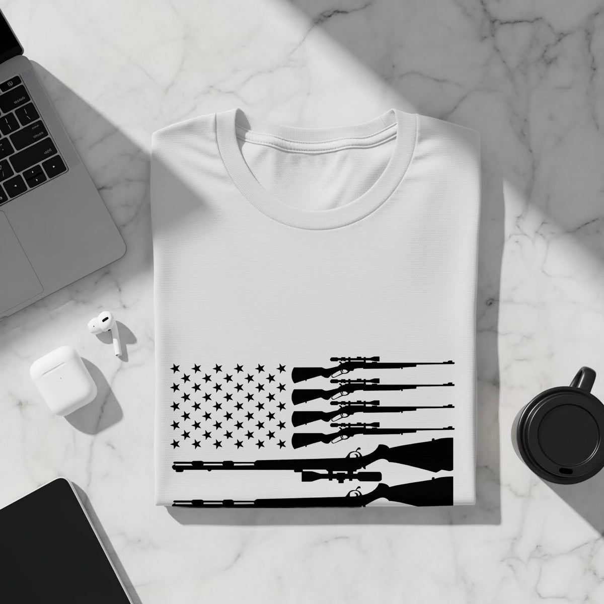 White t-shirt with American flag design featuring silhouettes of rifles.