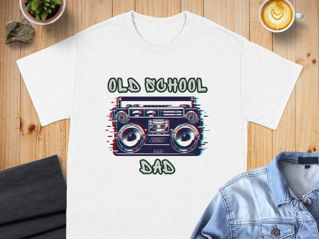 White t-shirt with a glitch art graphic of a boombox and the words "OLD SCHOOL DAD".