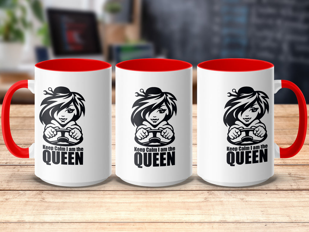 Three white mugs with red interiors and handles, featuring "Keep Calm I am the QUEEN" text.