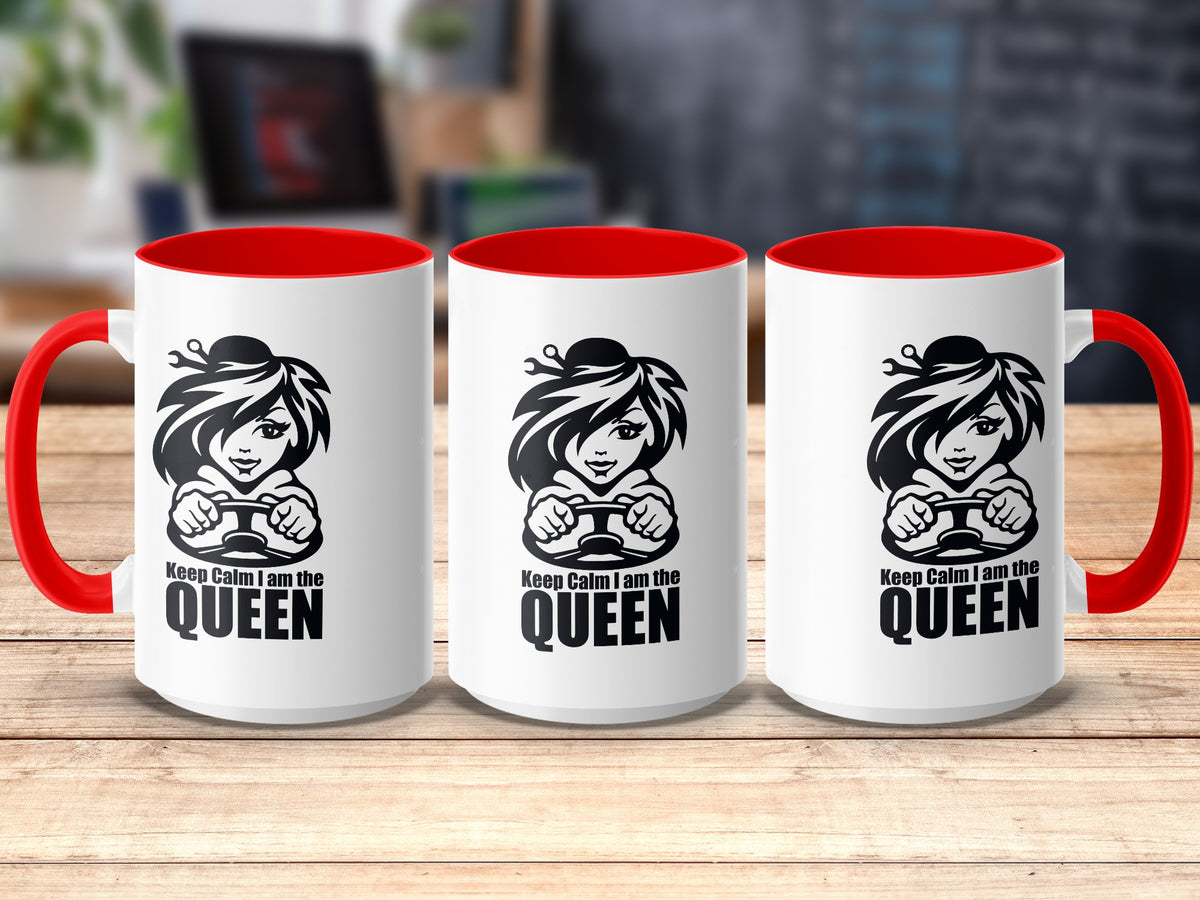 Three white mugs with red interiors and handles, featuring "Keep Calm I am the QUEEN" text.