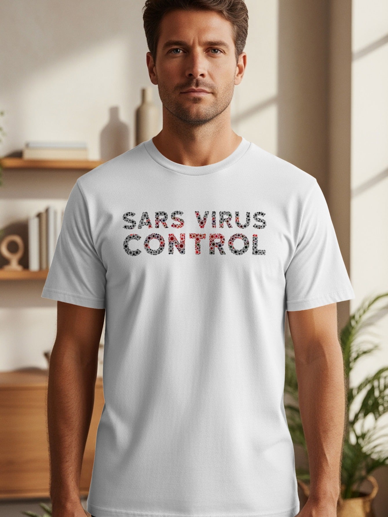 White t-shirt with "SARS VIRUS CONTROL" text made of virus graphics.