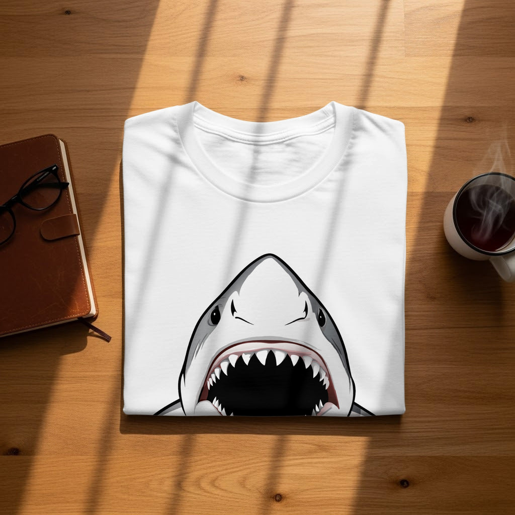 White t-shirt with a graphic of a shark's open mouth and sharp teeth.