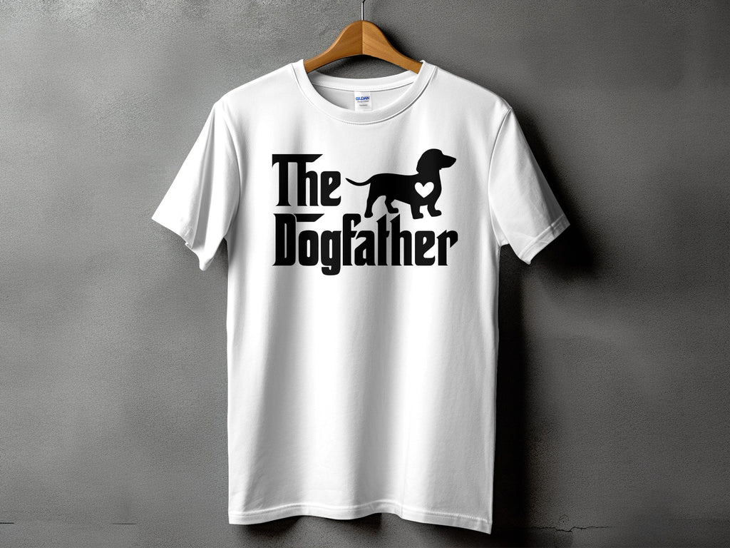 White t-shirt with "The Dogfather" text and a dachshund silhouette.
