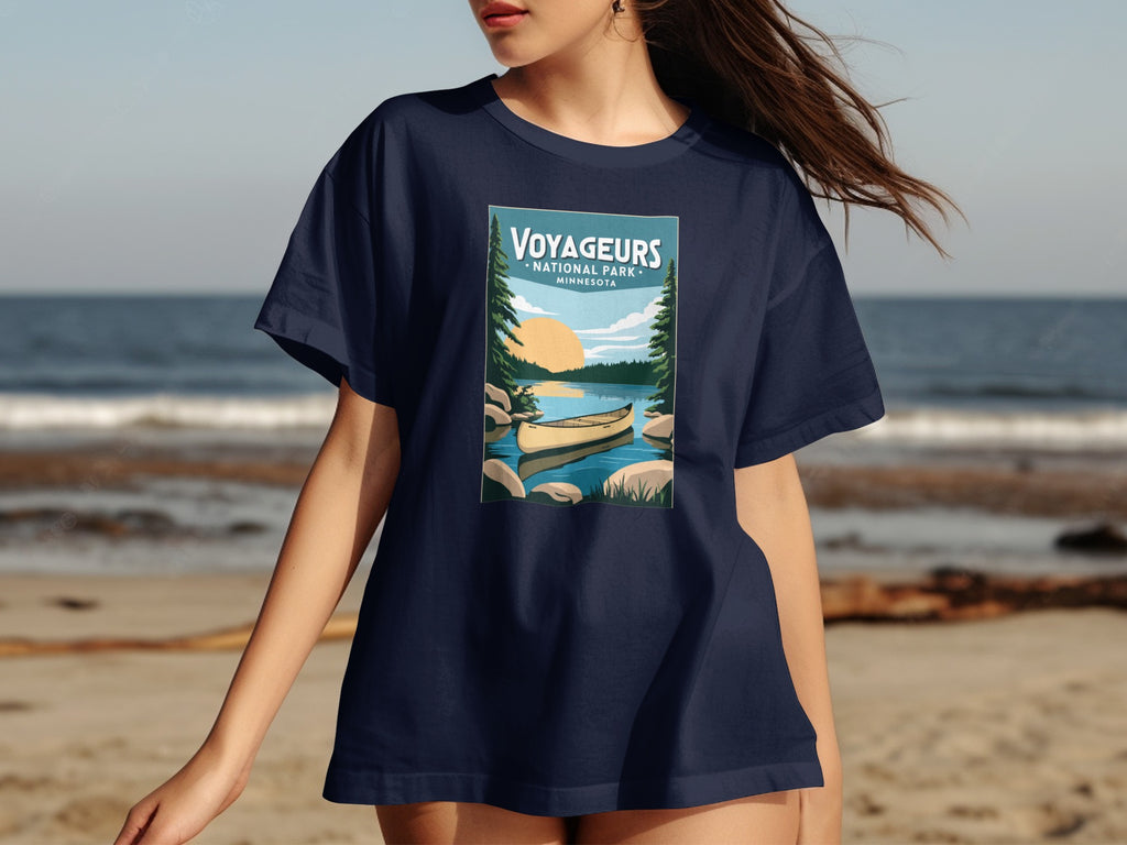 Voyageurs National Park Minnesota t-shirt featuring a canoe on a lake at sunset.