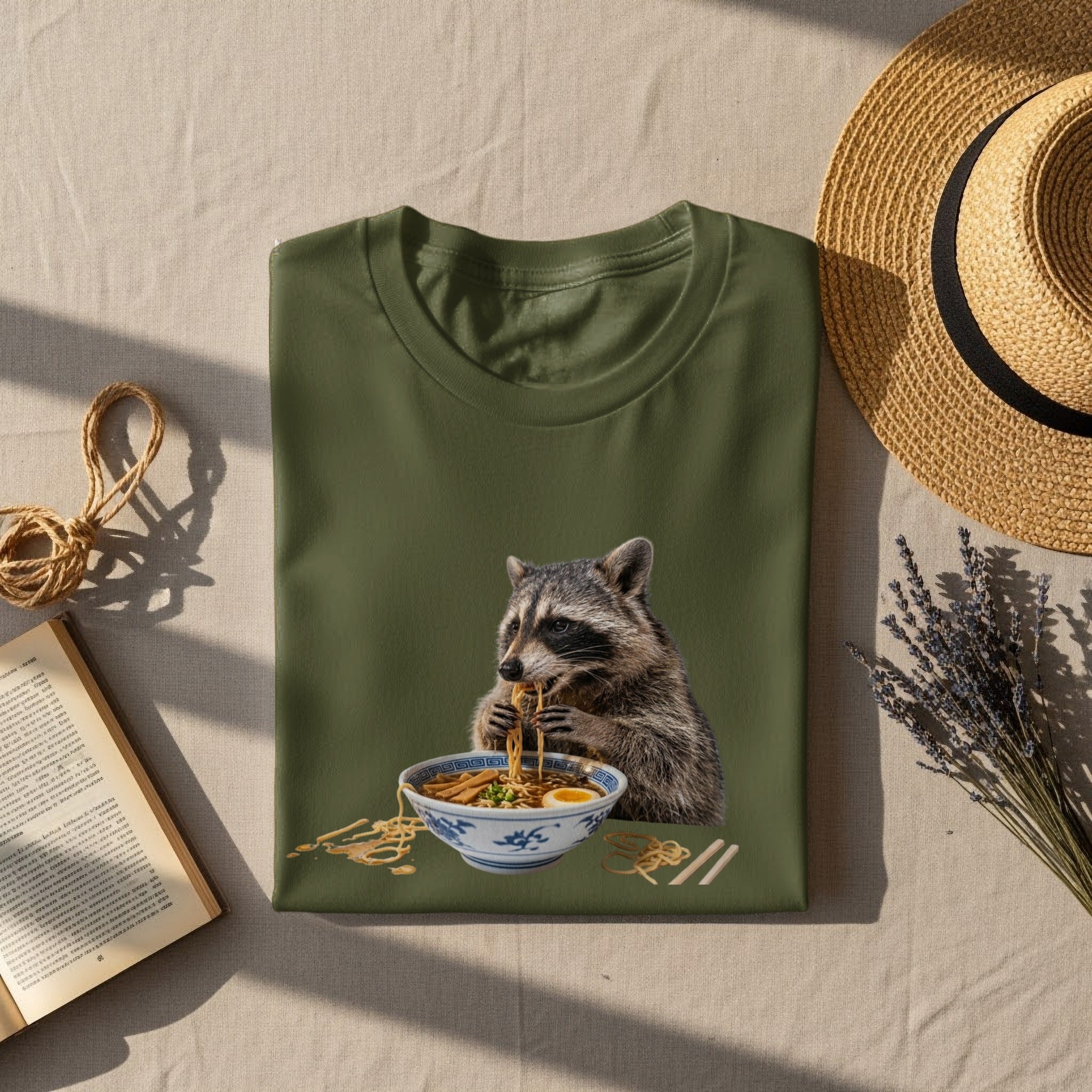 Olive green t-shirt featuring a raccoon eating ramen noodles from a bowl.