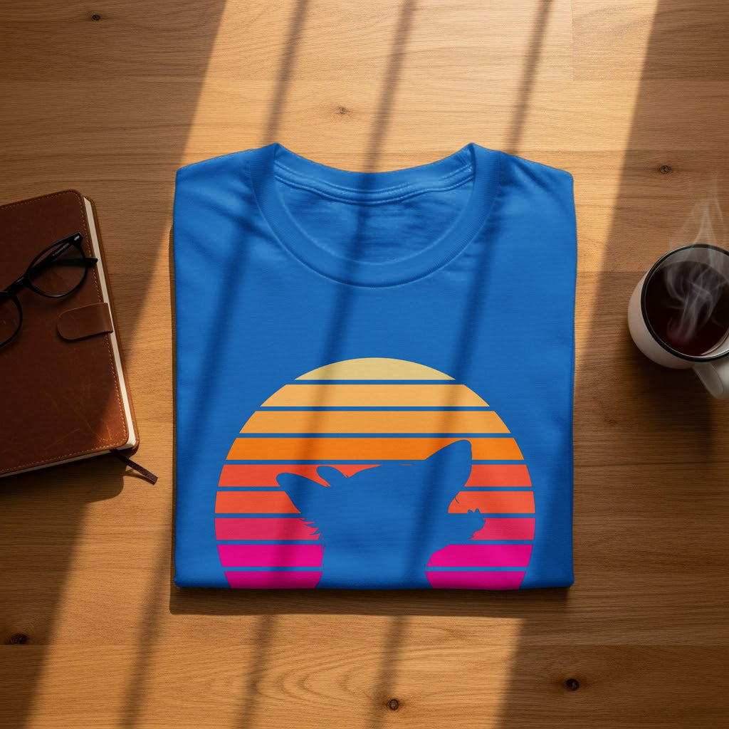 Blue t-shirt with a retro sunset and dog silhouette graphic.