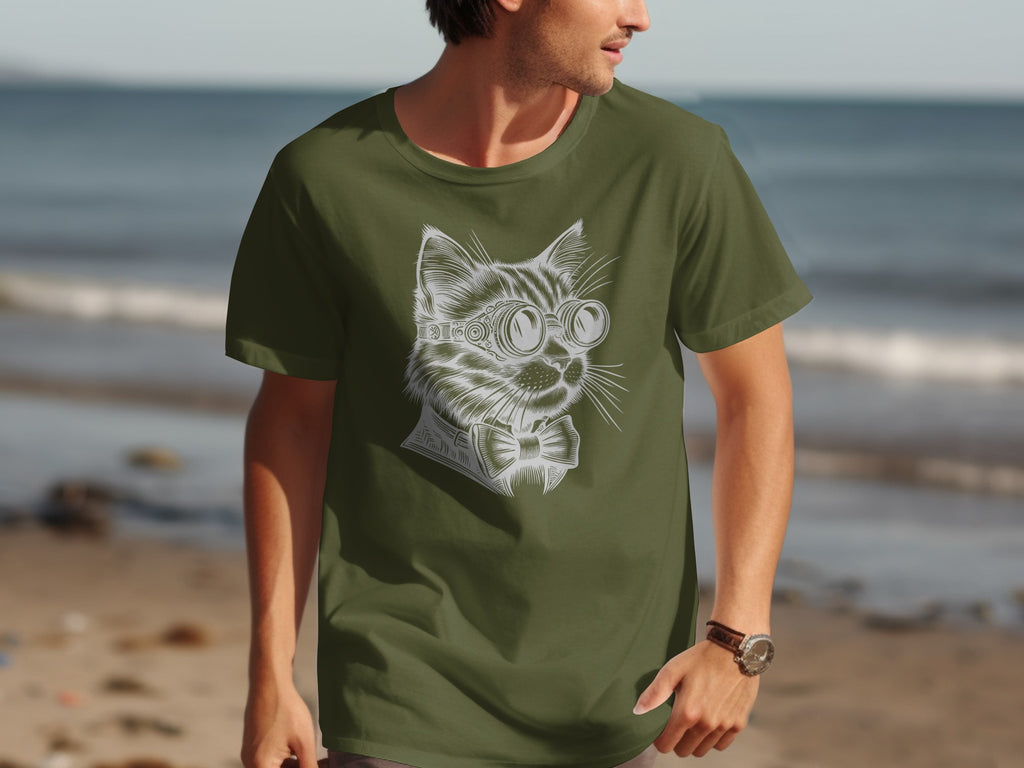 Green t-shirt with a line art drawing of a cat wearing goggles and a bow tie.
