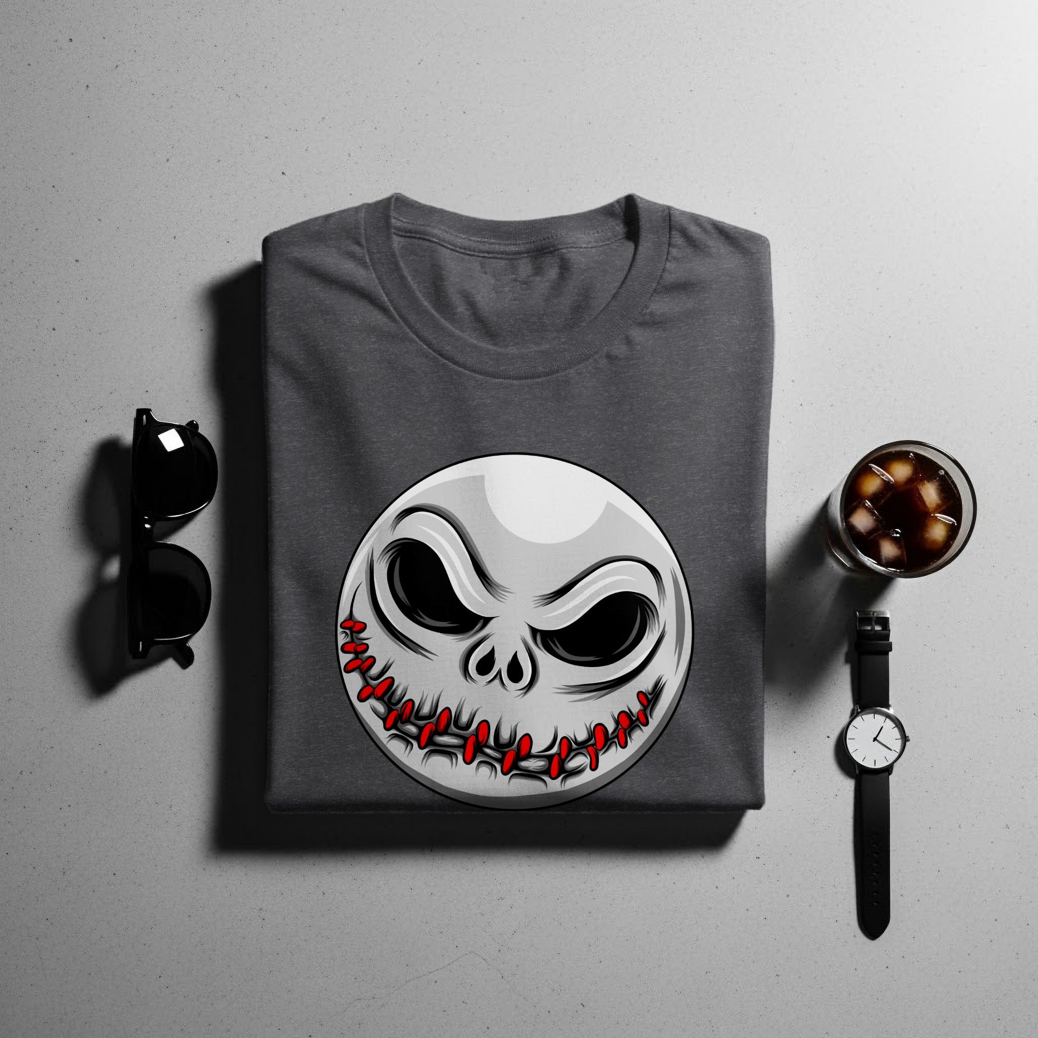 Dark gray t-shirt with Jack Skellington face graphic, sunglasses, and watch.