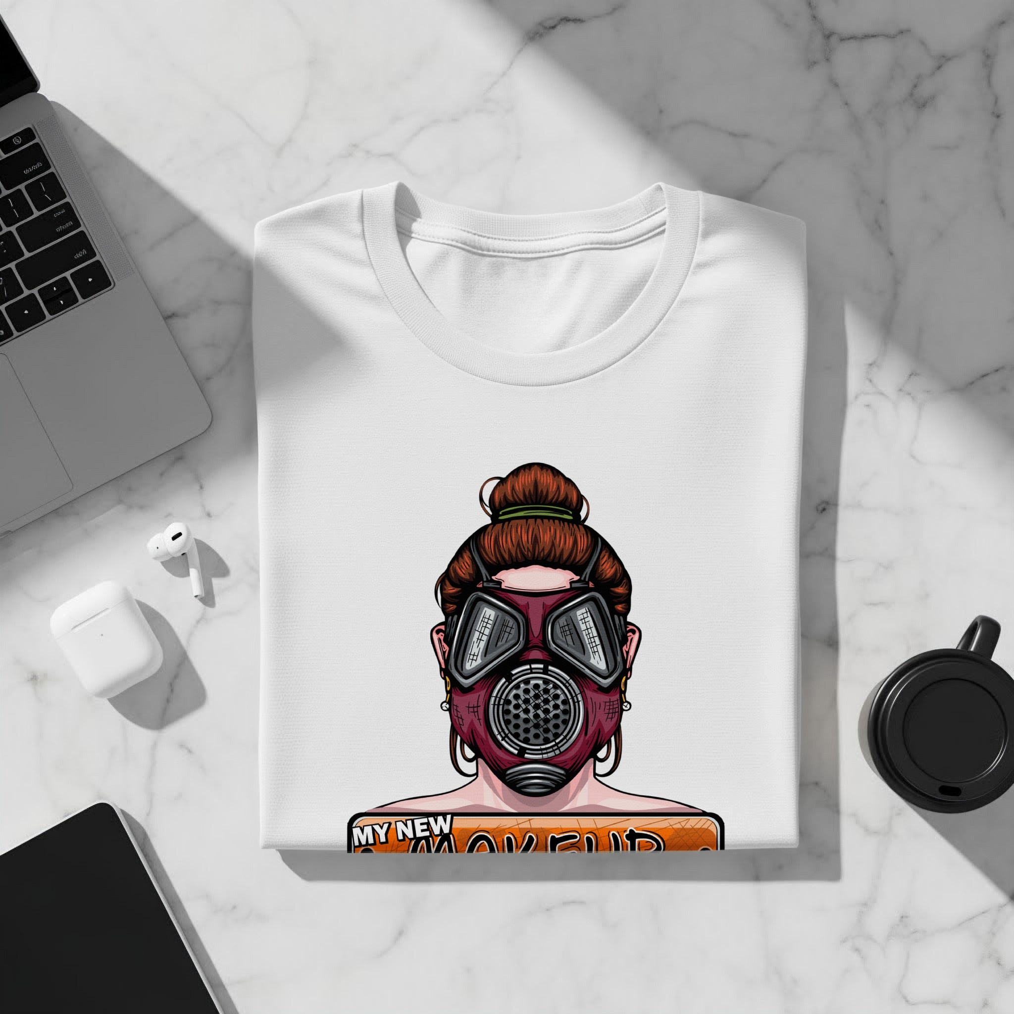 White t-shirt with graphic of a woman wearing a gas mask and text "MY NEW MAKEUP".
