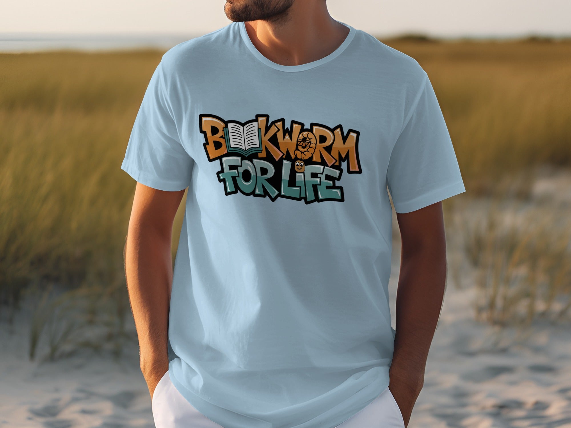 Light blue t-shirt with "Bookworm For Life" text and graphics.