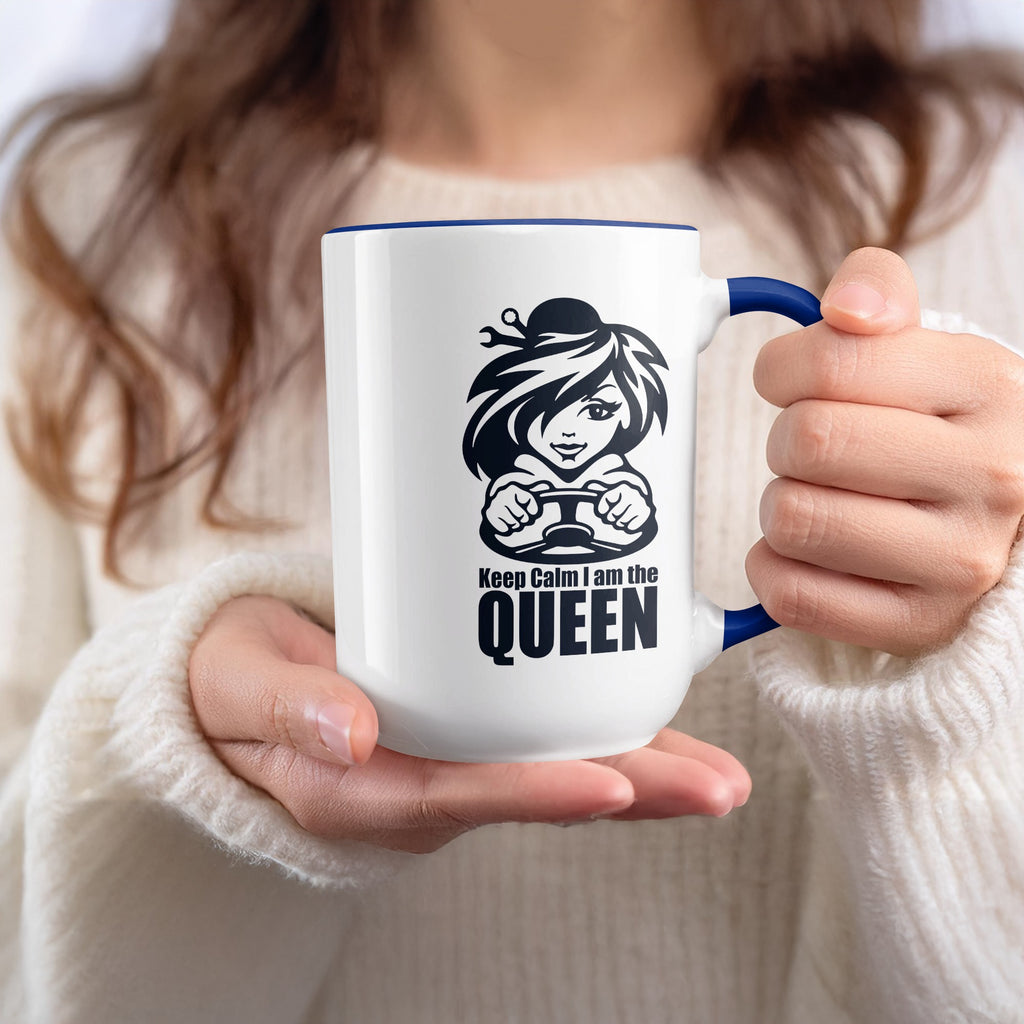 White mug with blue rim and handle featuring black graphic and text.