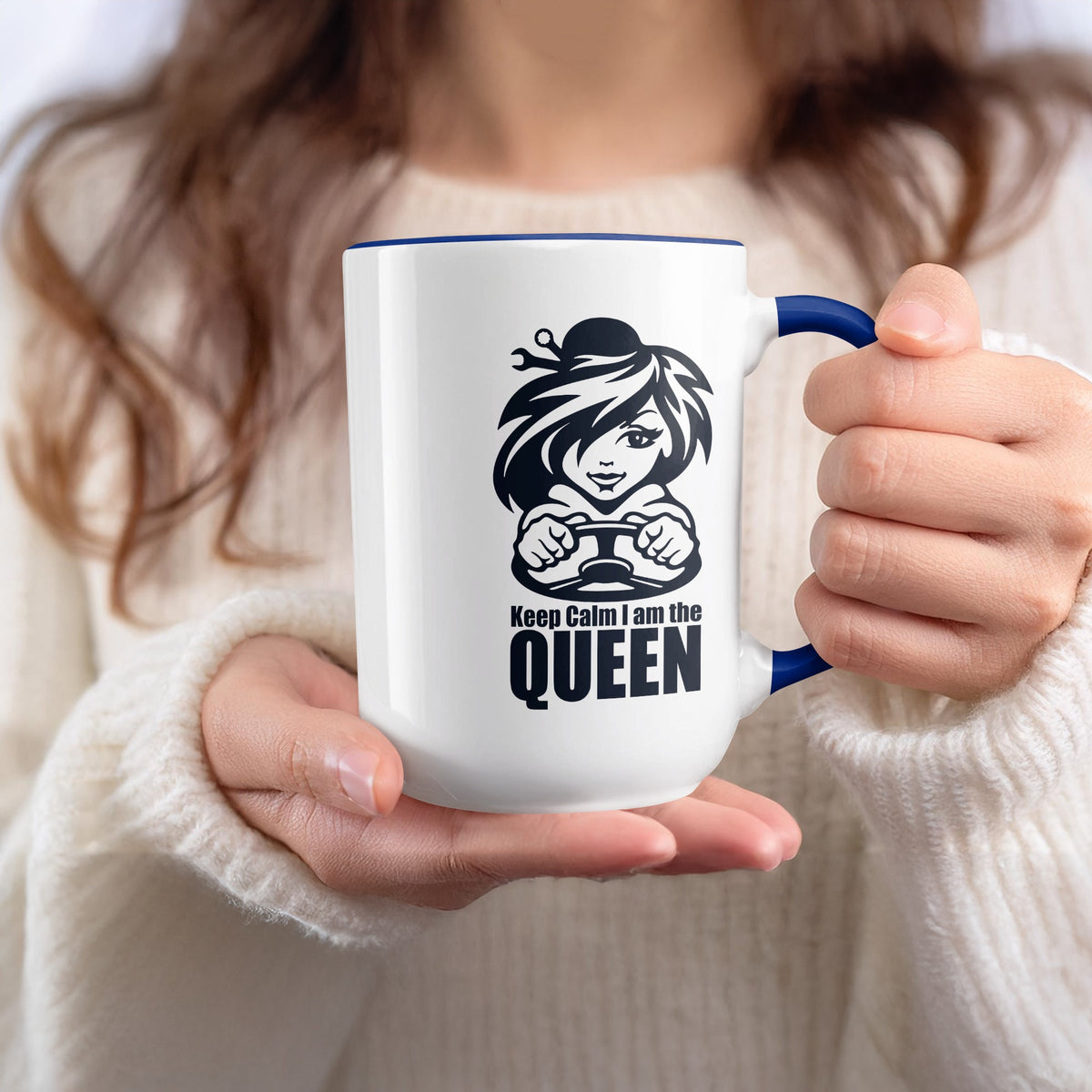 White mug with blue rim and handle featuring black graphic and text.