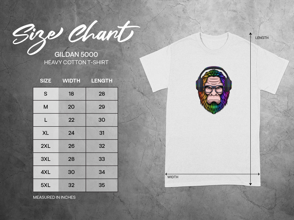 Gildan 5000 t-shirt size chart with width and length measurements in inches.