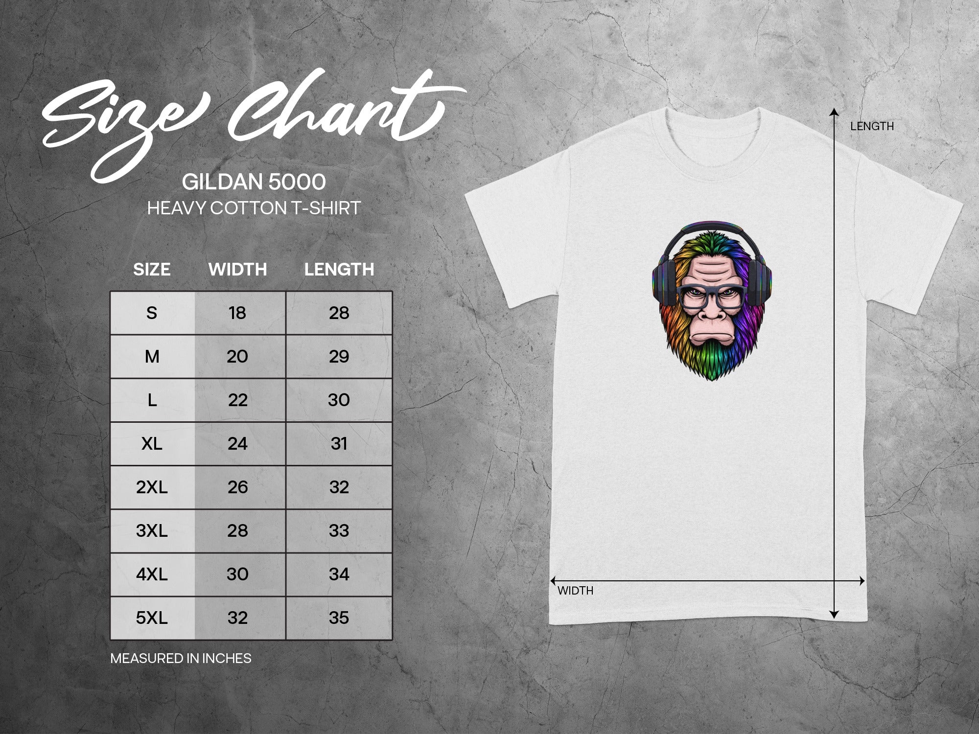 Gildan 5000 t-shirt size chart with width and length measurements in inches.