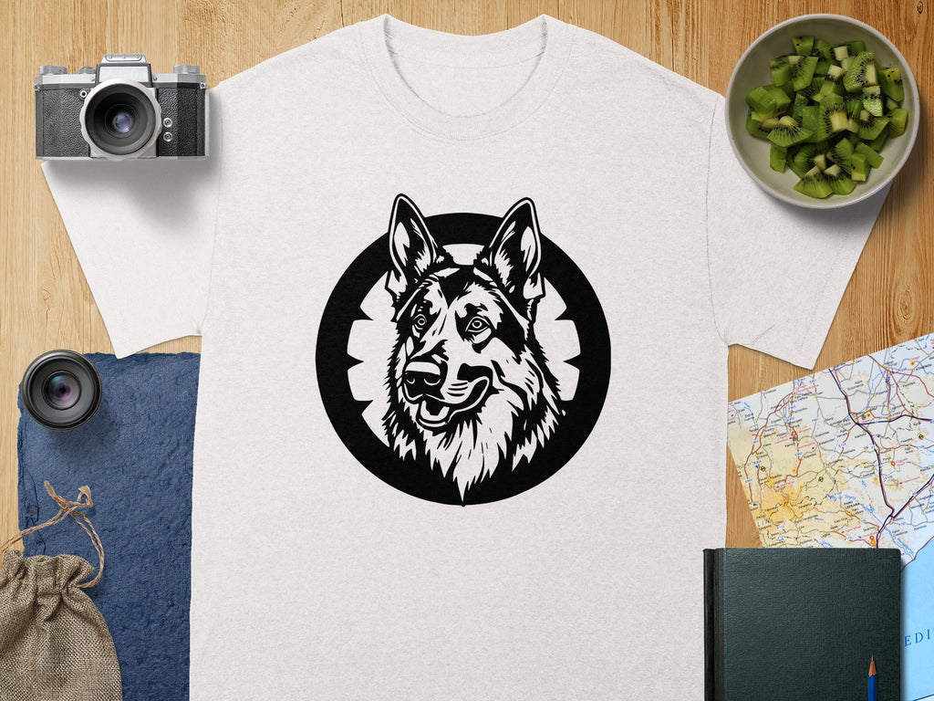 White t-shirt with a black German Shepherd head graphic on a grey textured circle.