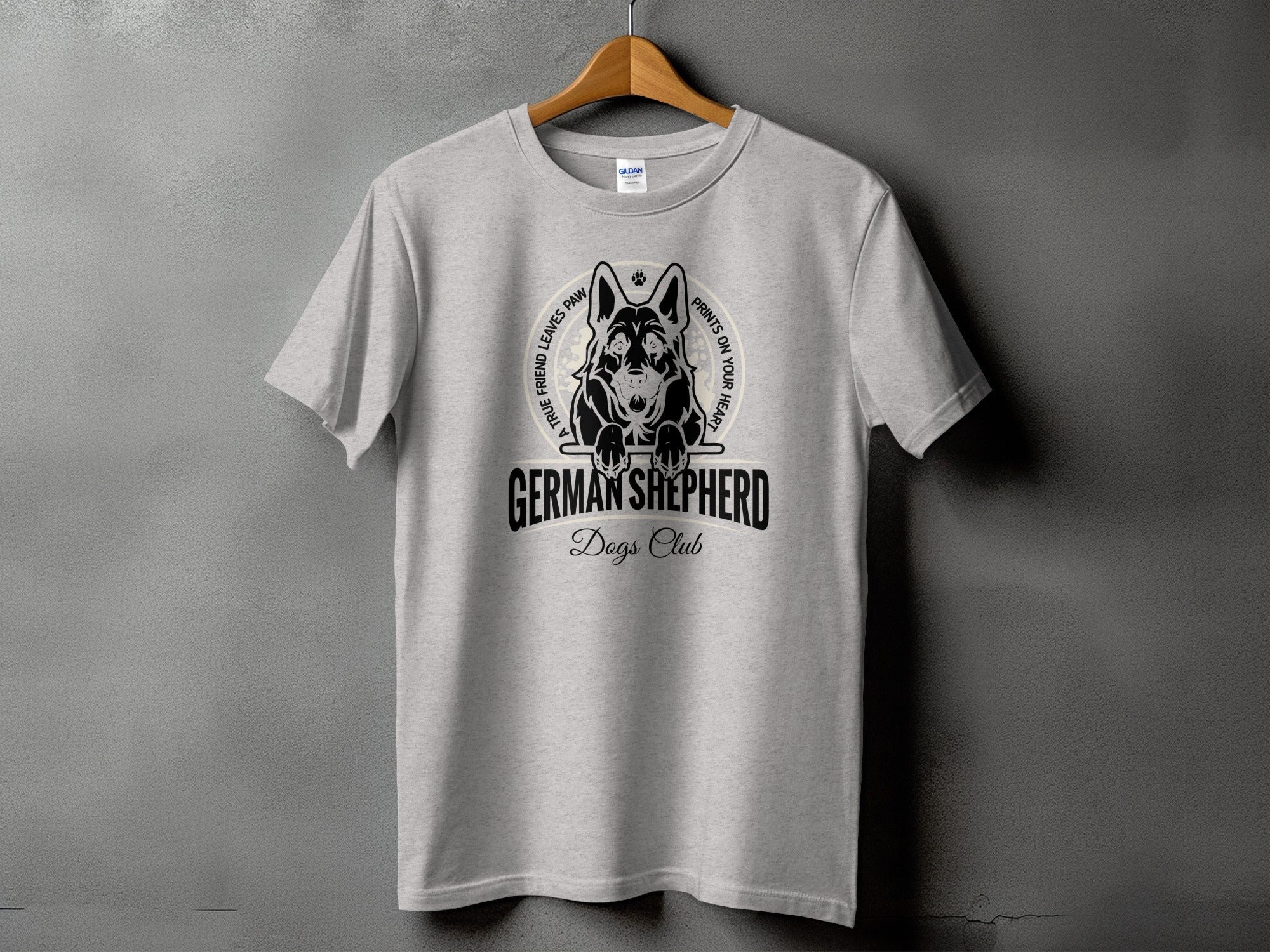 Light grey t-shirt with German Shepherd Dogs Club graphic and outline of dog head.