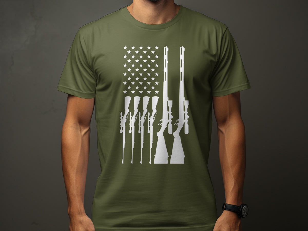 Green t-shirt with white flag design made of rifles and stars.