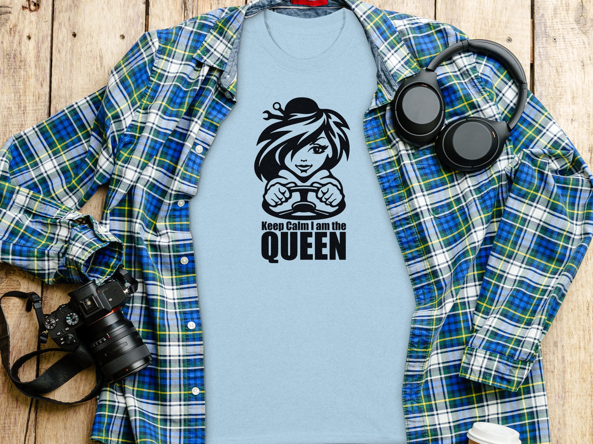 Light blue t-shirt with "Keep Calm I am the Queen" text and graphic.