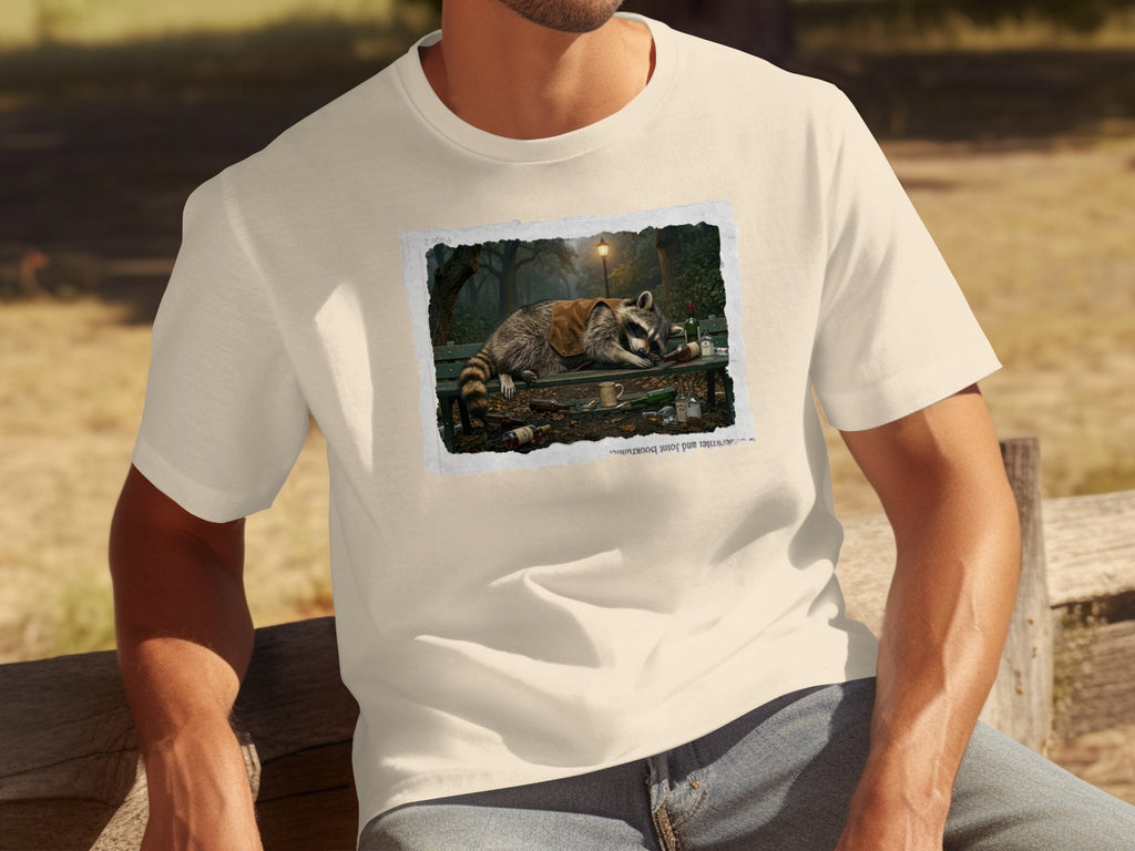 T-shirt graphic of a raccoon wearing a vest sleeping on a bench surrounded by bottles and a mug.