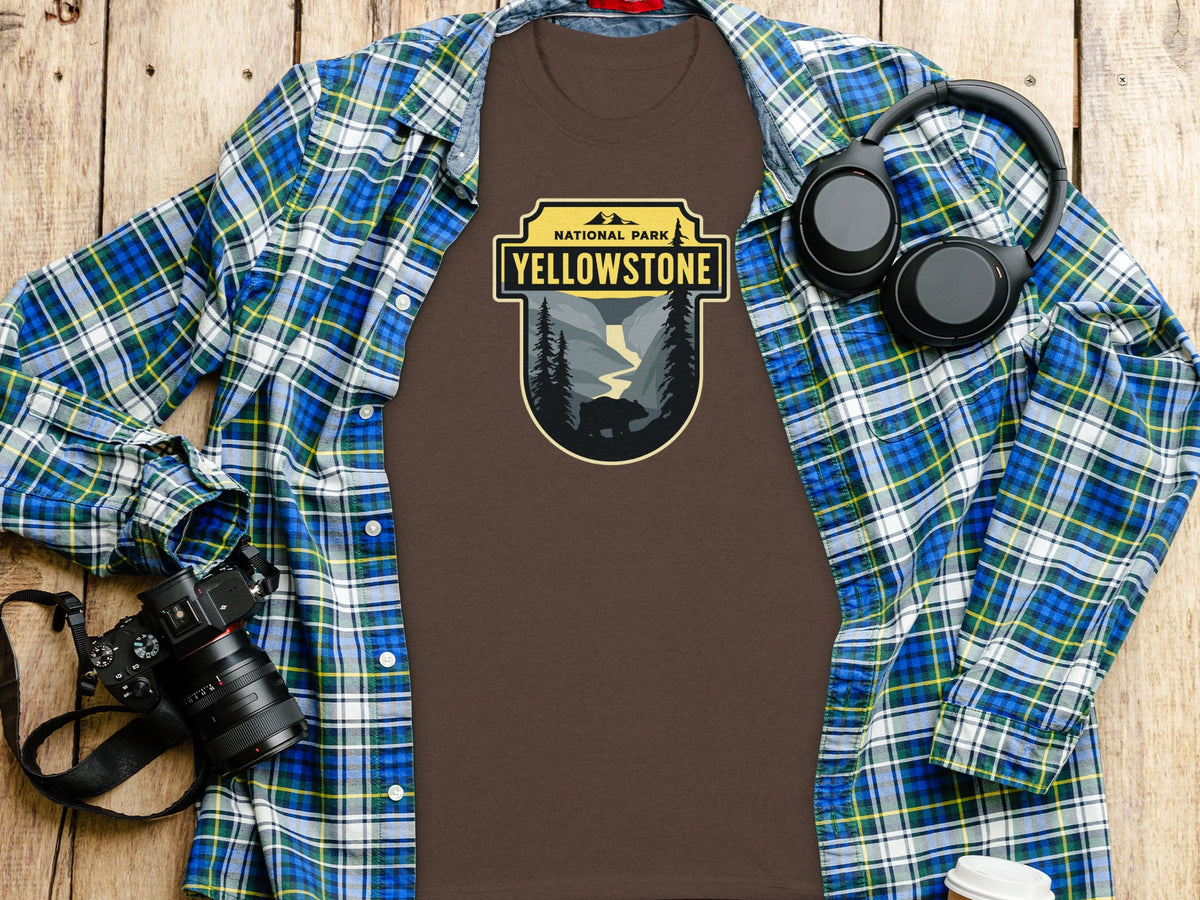 Brown t-shirt with Yellowstone National Park graphic featuring a bear and river.
