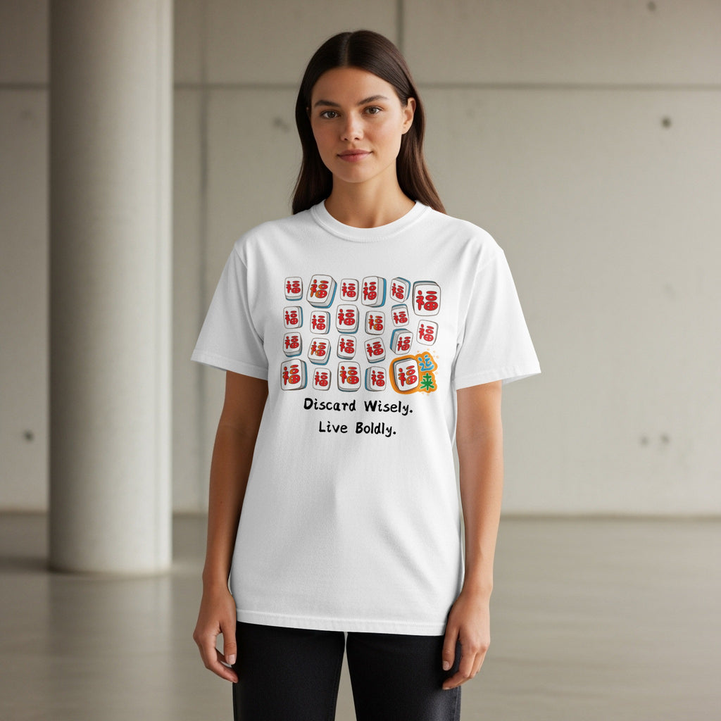 White t-shirt with mahjong tiles and text "Discard Wisely. Live Boldly."