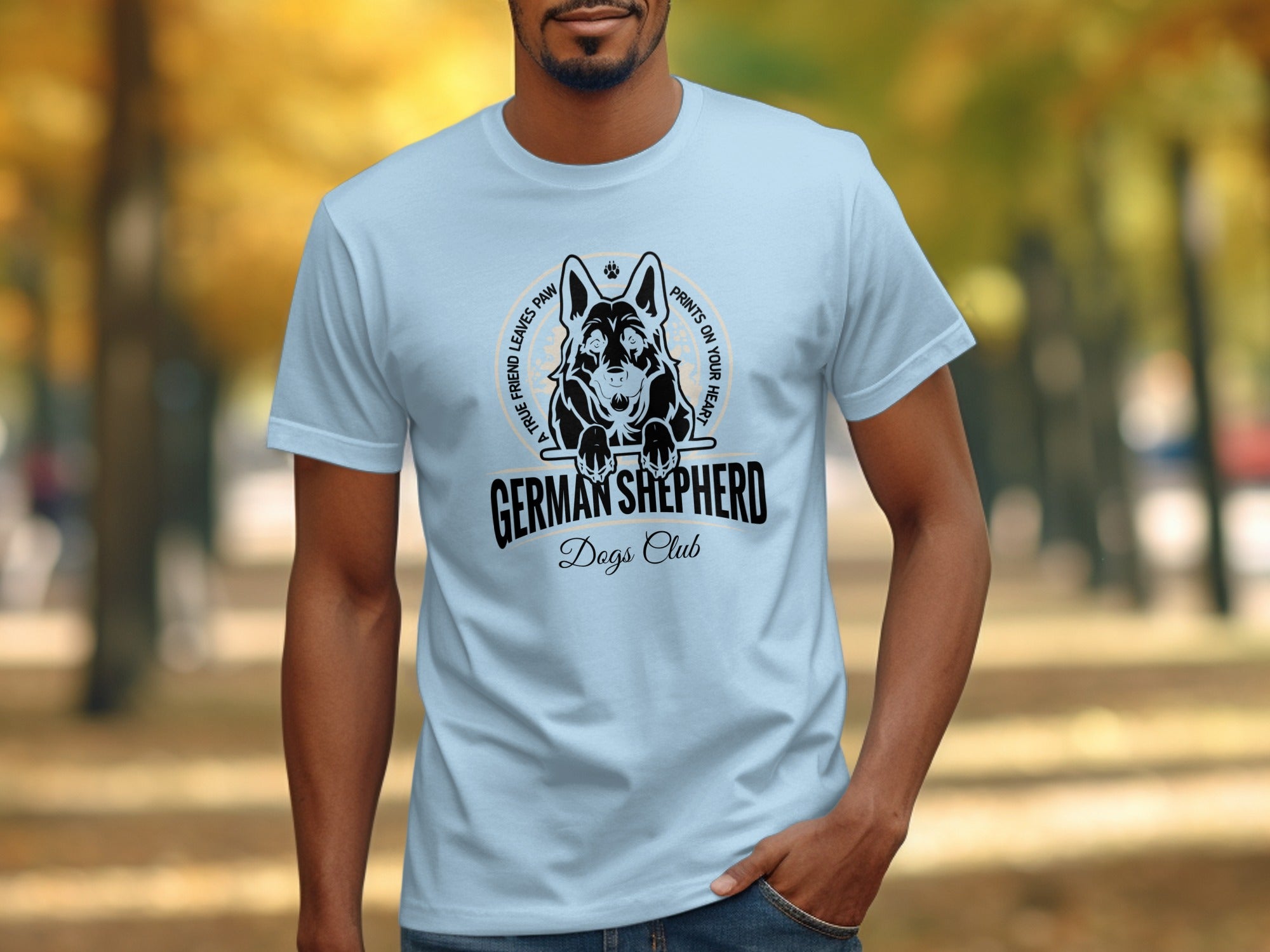 Light blue t-shirt with black German Shepherd graphic and text.