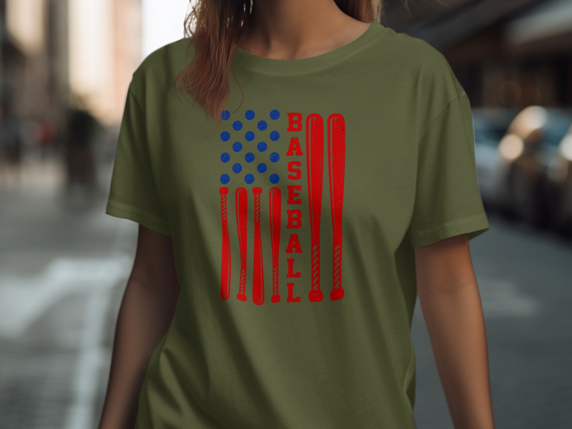 Olive t-shirt with red baseball bats and blue circles forming an American flag design.