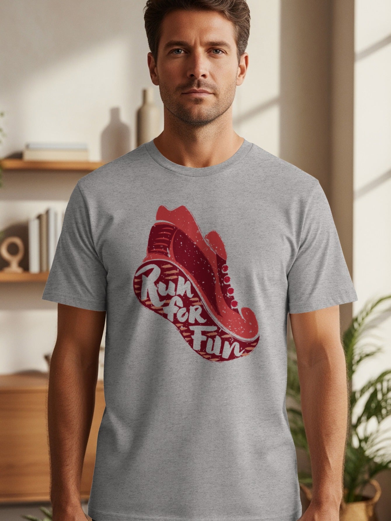 Grey t-shirt with a red running shoe graphic that says "Run for Fun".