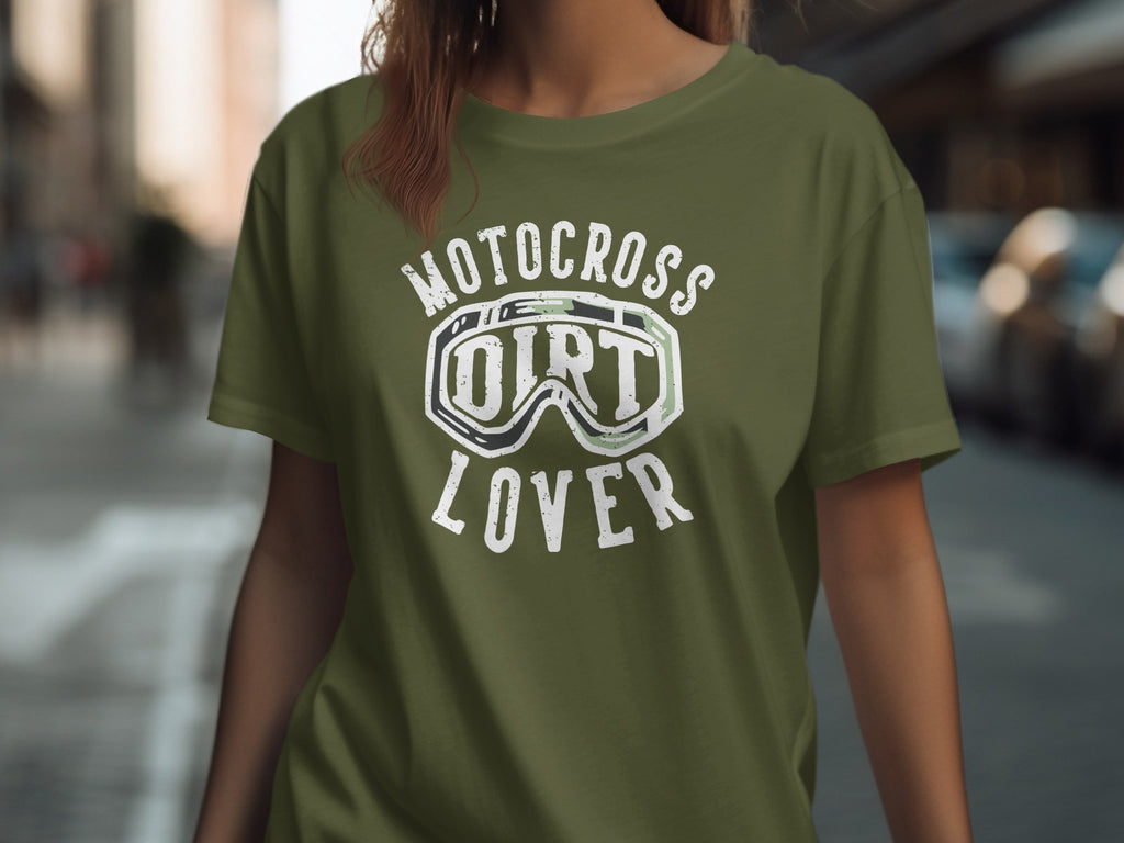 Green t-shirt with white text and goggles graphic reading "Motocross Dirt Lover".