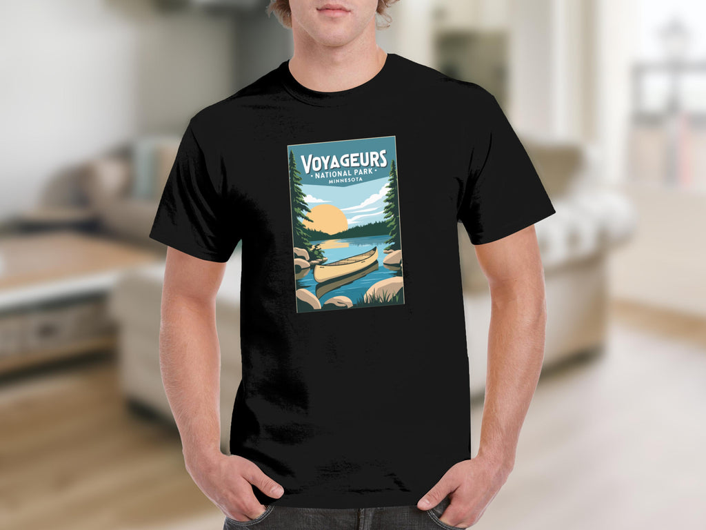 Black t-shirt with Voyageurs National Park, Minnesota graphic.