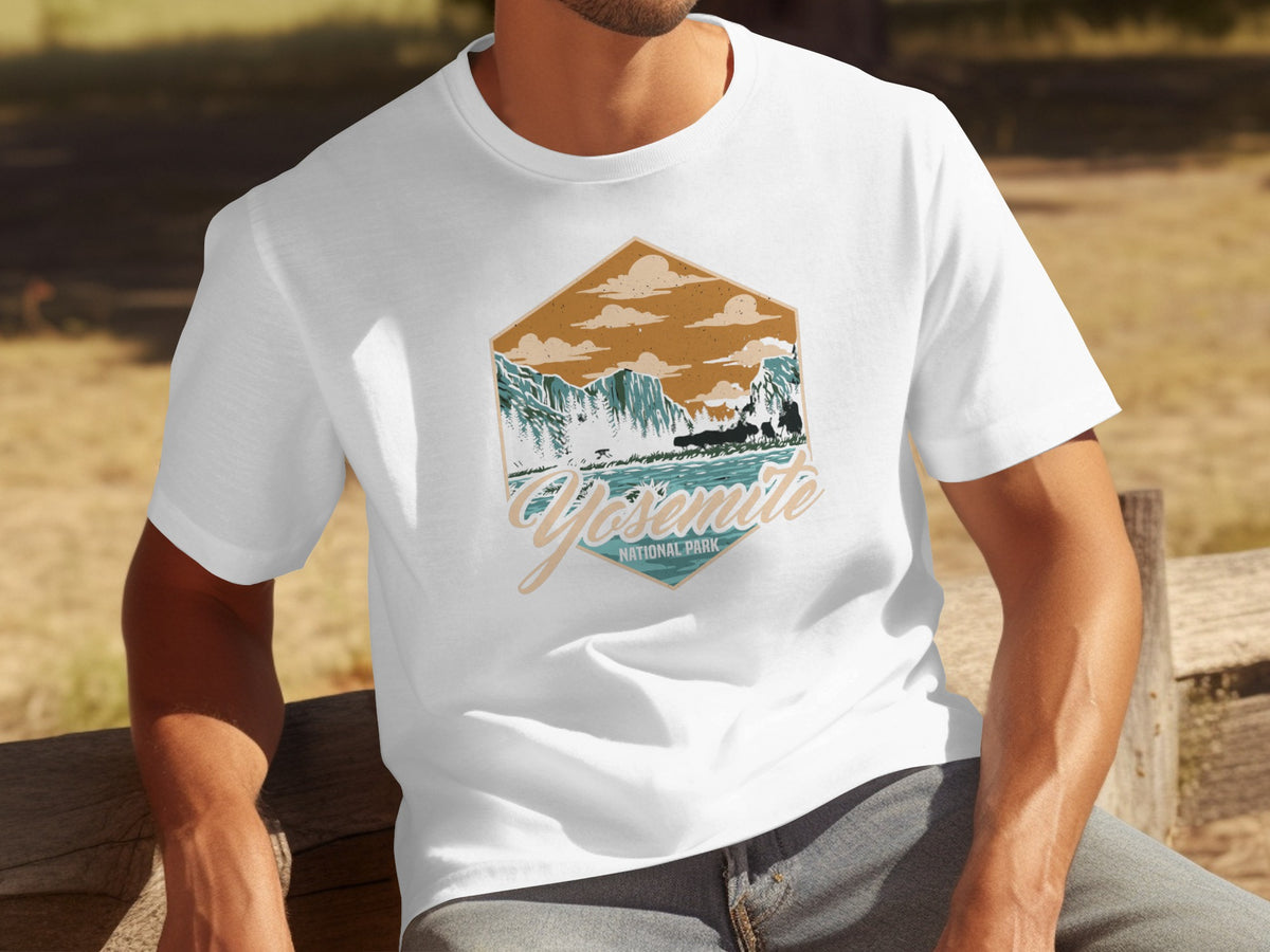 White t-shirt with a hexagonal graphic featuring Yosemite National Park scene.