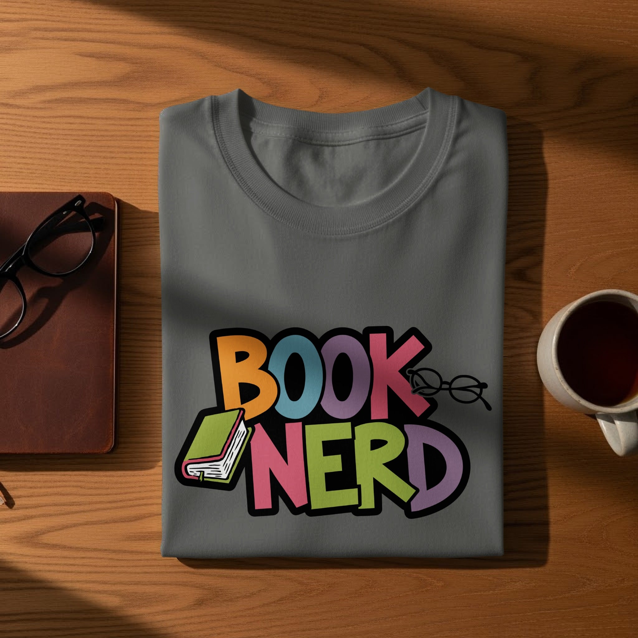 Gray t-shirt with "BOOK NERD" text and a book graphic.