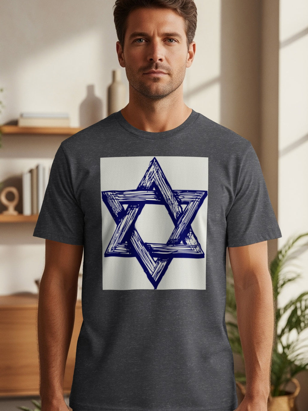 Dark gray t-shirt with a blue sketched Star of David graphic.