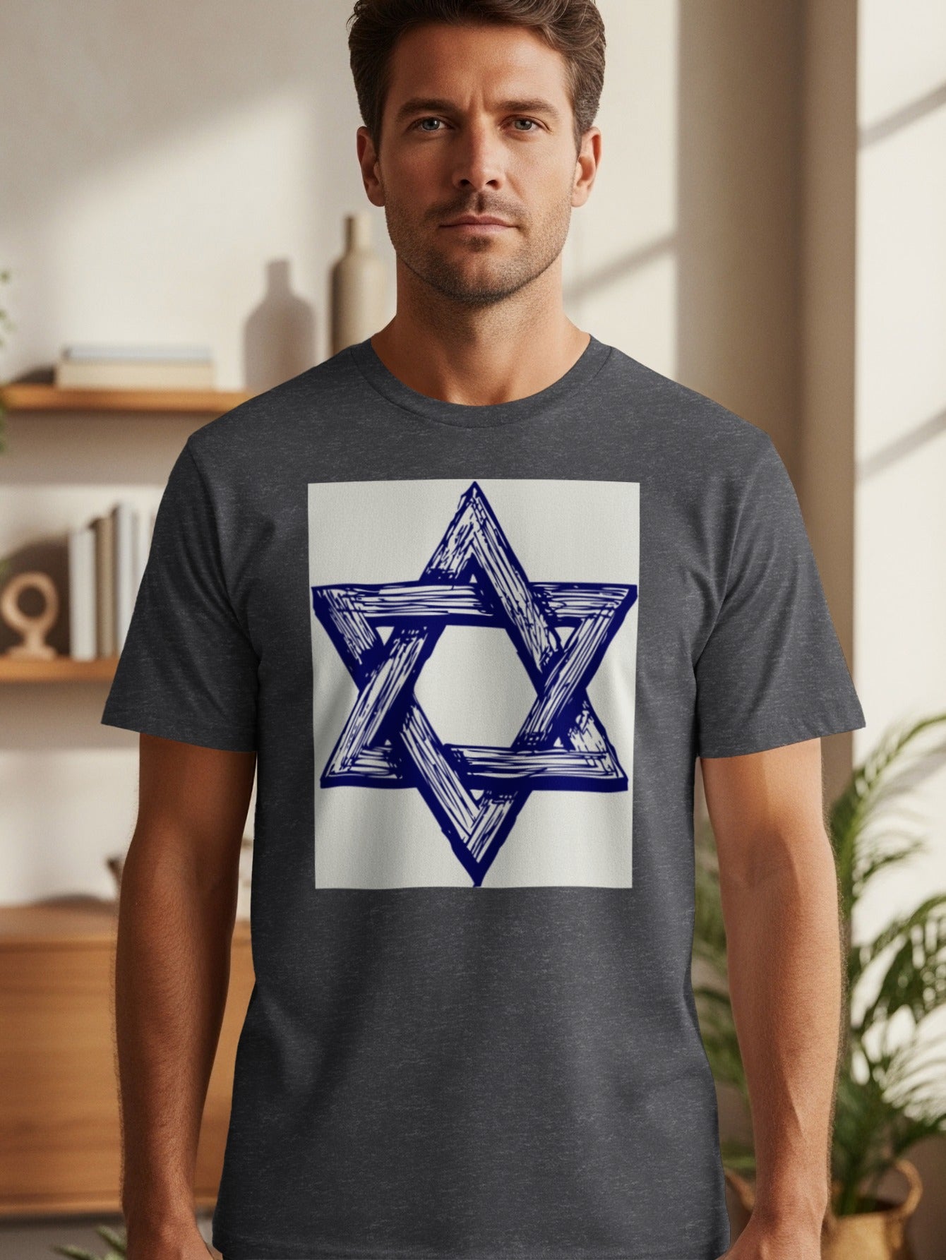 Dark gray t-shirt with a blue sketched Star of David graphic.