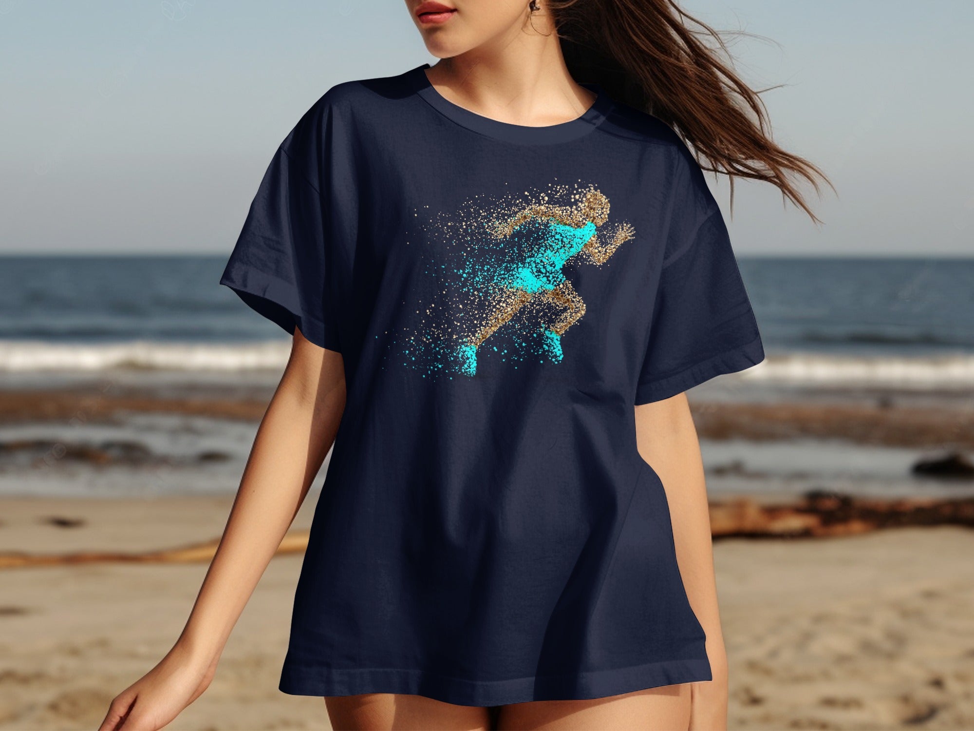 Navy t-shirt with a gold and turquoise runner graphic on the chest.