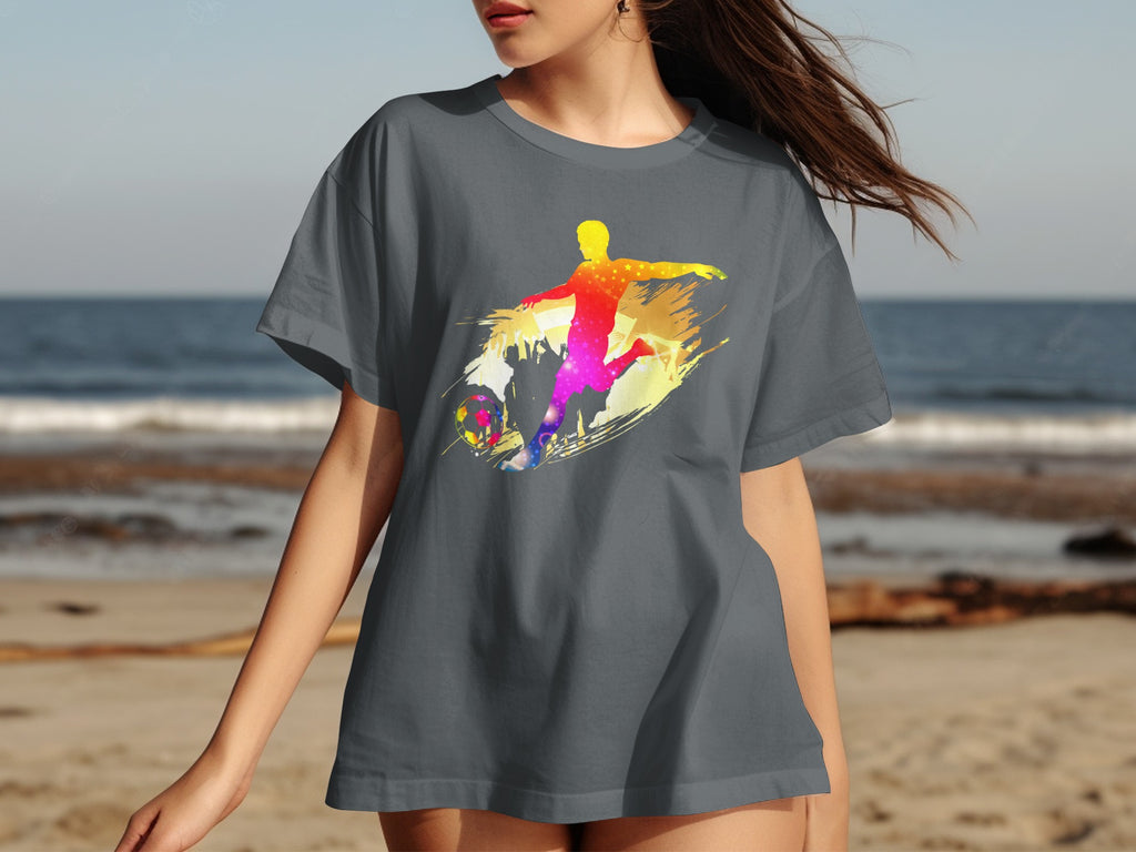 Gray t-shirt with a rainbow soccer player and ball graphic on front.